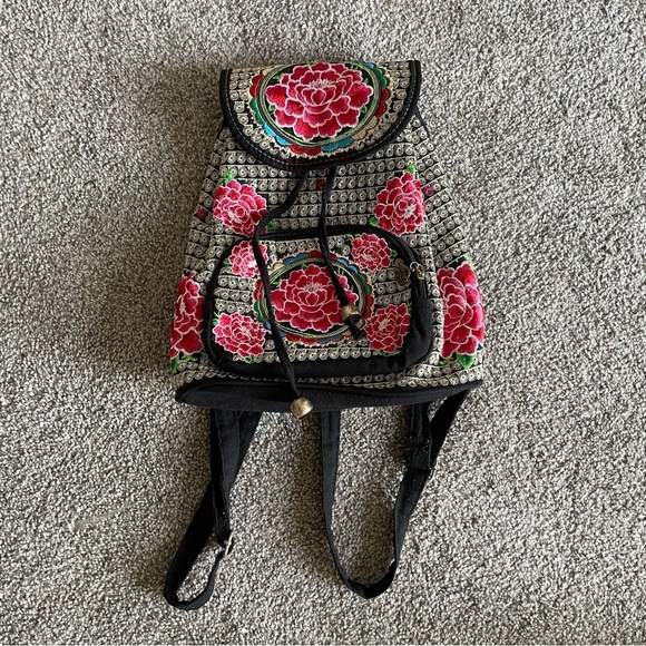 Embroidered Floral Small Backpack Drawstring Flap Over Fabric Ethnic Heritage - Picture 1 of 9